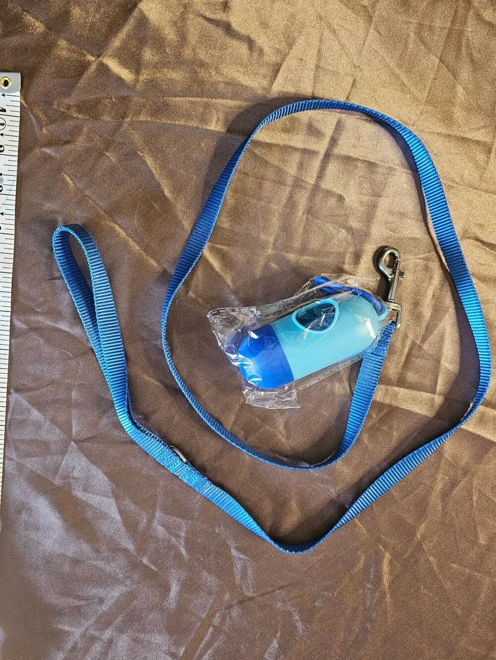 Blue Dog Leash with Attached Waste Bag Dispenser